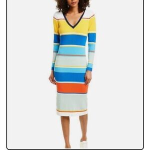 J Crew color block stripes ribbed sweater dress V neck long sleeve stretchy Lrg